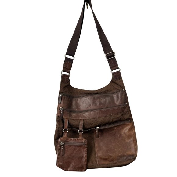 Highway Leather & Textured Nylon Shoulder Bag Brown Y2K Purse Zipper Pockets - Picture 1 of 7